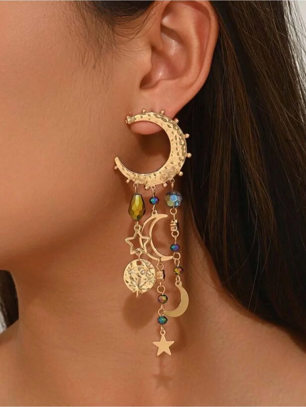 Celestial Moon & Star Gold Dangle Earrings | Boho Crystal Statement Jewelry